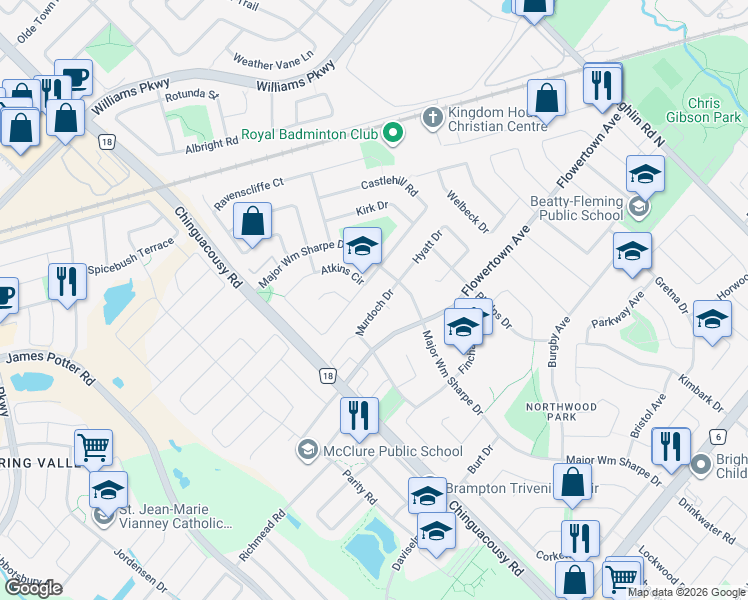 map of restaurants, bars, coffee shops, grocery stores, and more near 20 Murdoch Drive in Brampton