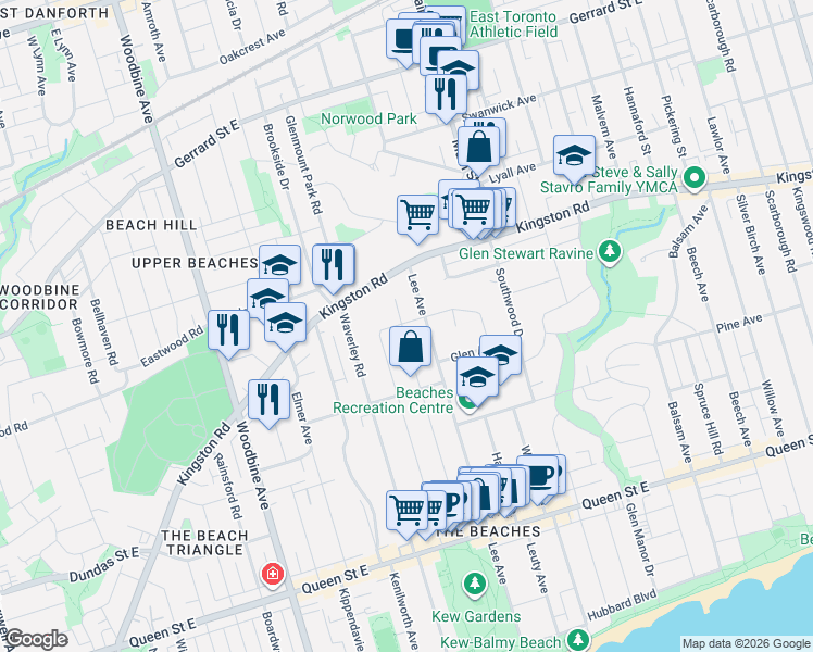 map of restaurants, bars, coffee shops, grocery stores, and more near 195 Wheeler Avenue in Toronto