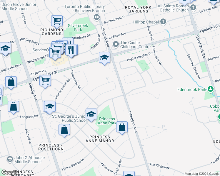 map of restaurants, bars, coffee shops, grocery stores, and more near 38 Ravensbourne Crescent in Toronto