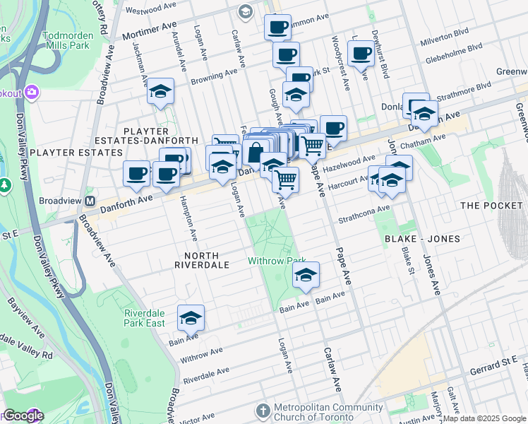 map of restaurants, bars, coffee shops, grocery stores, and more near McConnell Avenue in Toronto