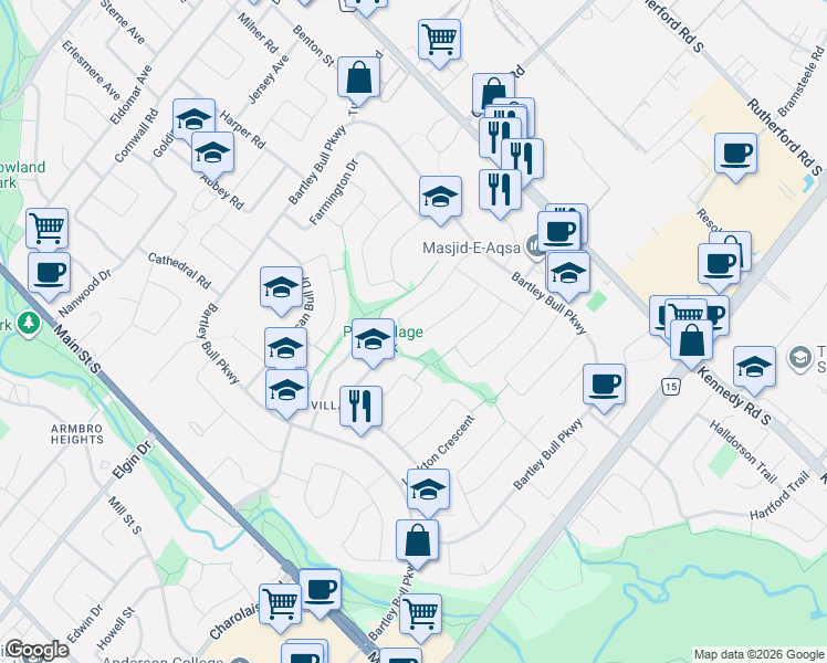 map of restaurants, bars, coffee shops, grocery stores, and more near 36 Watson Crescent in Brampton