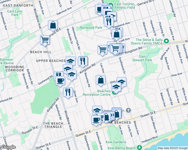 map of restaurants, bars, coffee shops, grocery stores, and more near 6 Juniper Avenue in Toronto