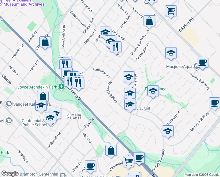 map of restaurants, bars, coffee shops, grocery stores, and more near 159 Bartley Bull Parkway in Brampton