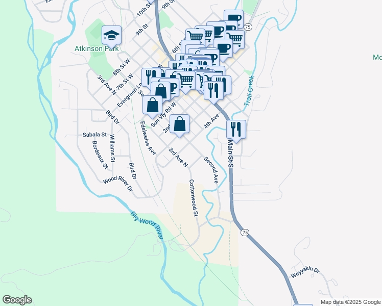 map of restaurants, bars, coffee shops, grocery stores, and more near 220 2nd Avenue South in Ketchum