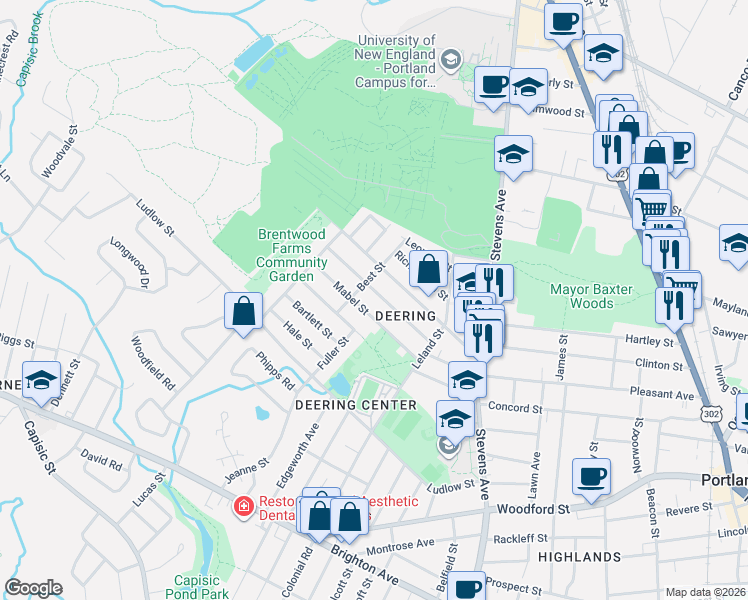 map of restaurants, bars, coffee shops, grocery stores, and more near 108 Brentwood Street in Portland
