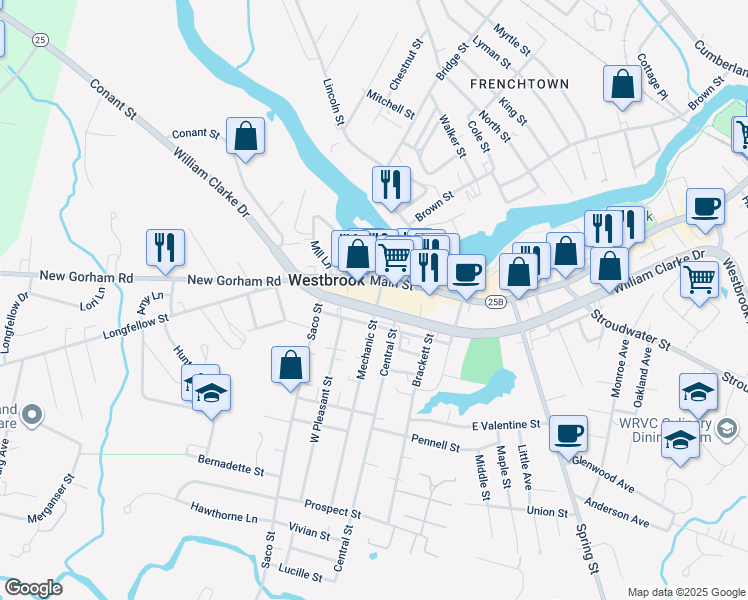 map of restaurants, bars, coffee shops, grocery stores, and more near 918 Main Street in Westbrook