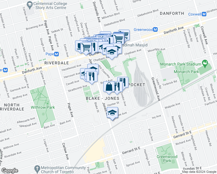 map of restaurants, bars, coffee shops, grocery stores, and more near in Toronto