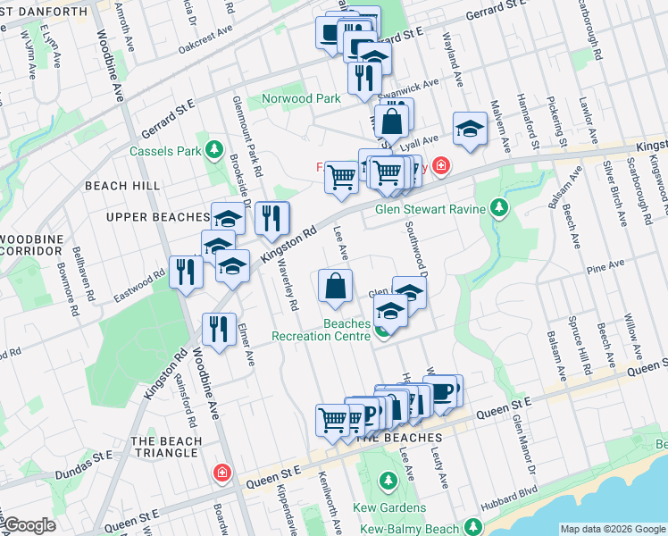 map of restaurants, bars, coffee shops, grocery stores, and more near in Toronto