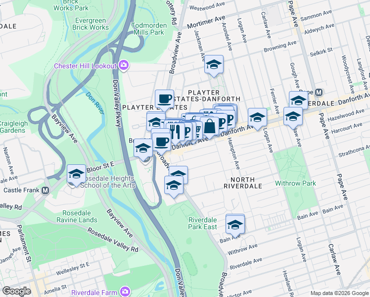 map of restaurants, bars, coffee shops, grocery stores, and more near 177 Danforth Avenue in Toronto