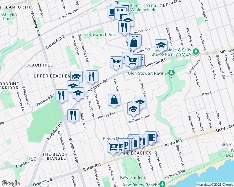 map of restaurants, bars, coffee shops, grocery stores, and more near 298 Lee Avenue in Toronto