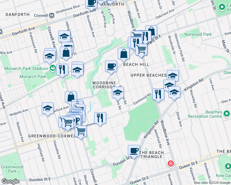 map of restaurants, bars, coffee shops, grocery stores, and more near in Toronto