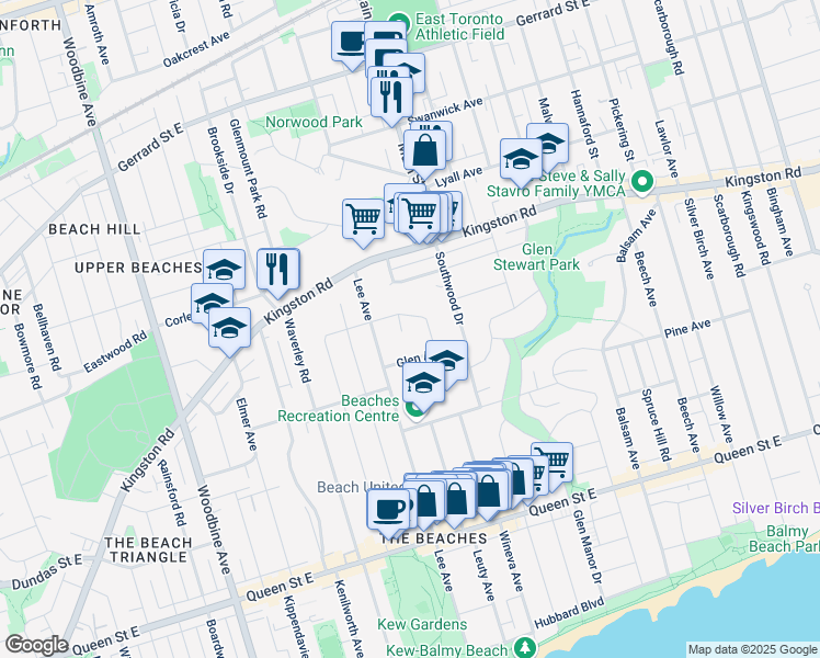 map of restaurants, bars, coffee shops, grocery stores, and more near 7 Leonard Circle in Toronto