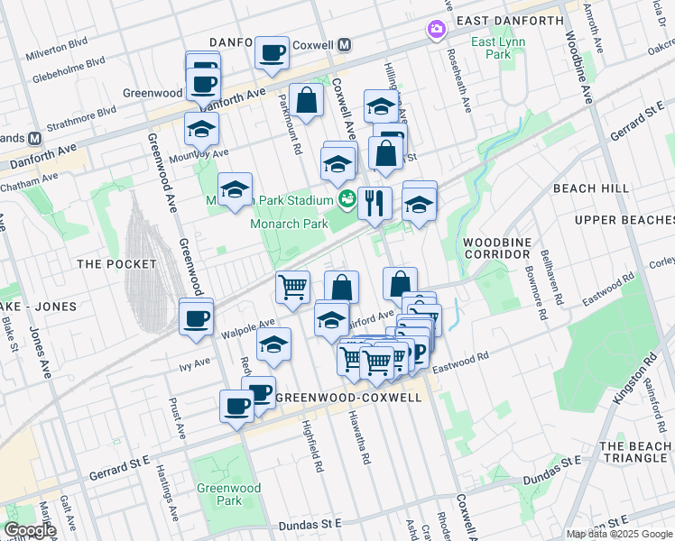 map of restaurants, bars, coffee shops, grocery stores, and more near 451 Ashdale Avenue in Toronto