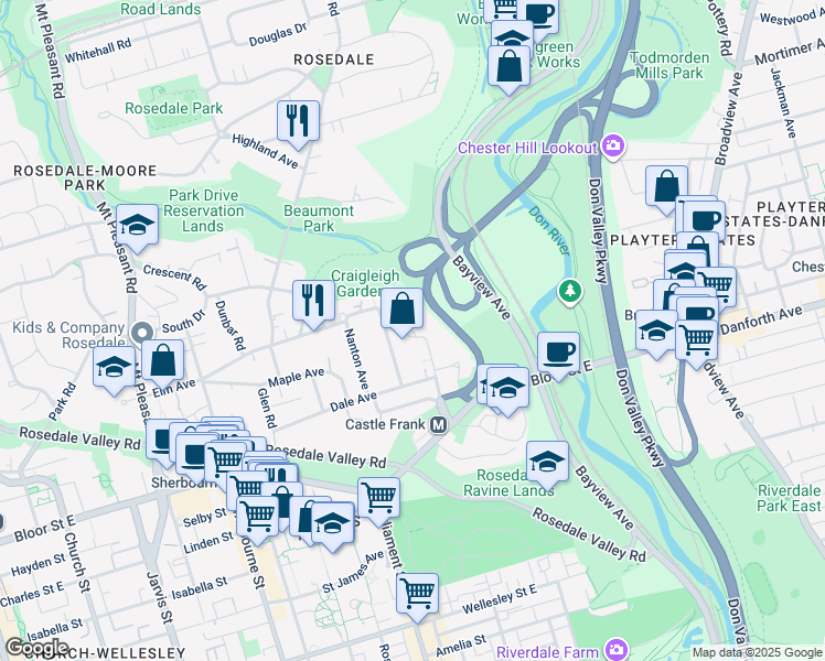 map of restaurants, bars, coffee shops, grocery stores, and more near 36 Castle Frank Road in Toronto
