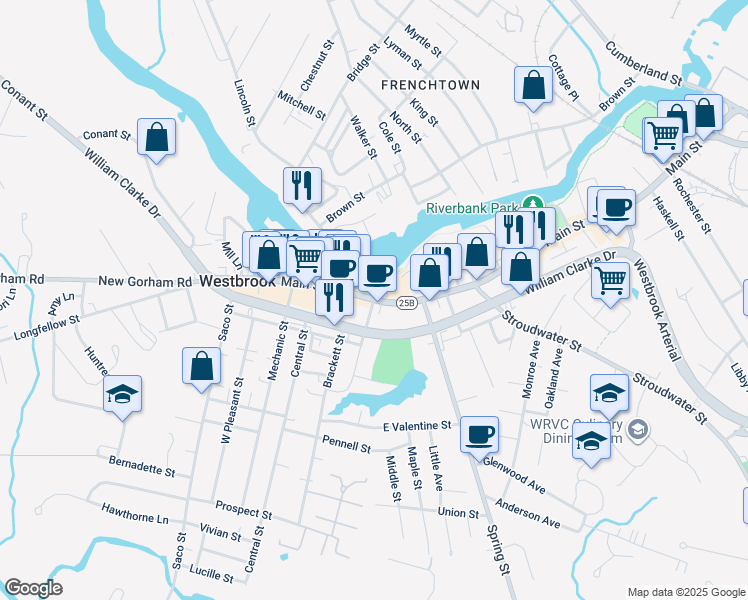 map of restaurants, bars, coffee shops, grocery stores, and more near 1 Church Street in Westbrook
