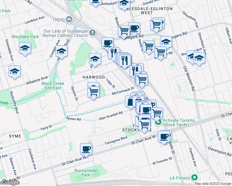 map of restaurants, bars, coffee shops, grocery stores, and more near 55 McCormack Street in Toronto