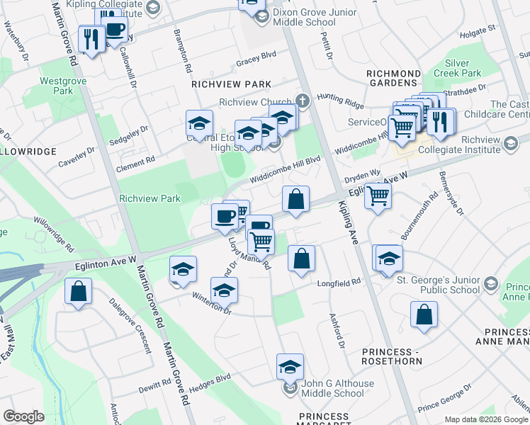 map of restaurants, bars, coffee shops, grocery stores, and more near 49 Pony Farm Drive in Toronto