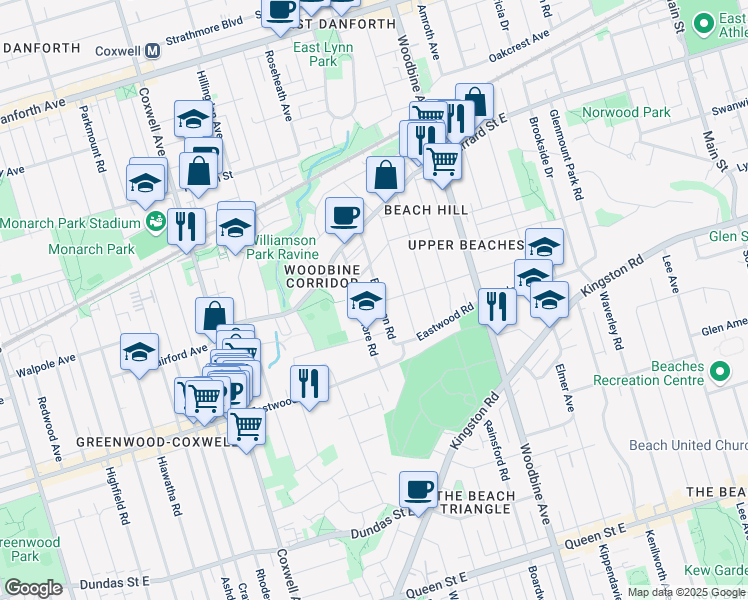 map of restaurants, bars, coffee shops, grocery stores, and more near 7 Fairmount Crescent in Toronto
