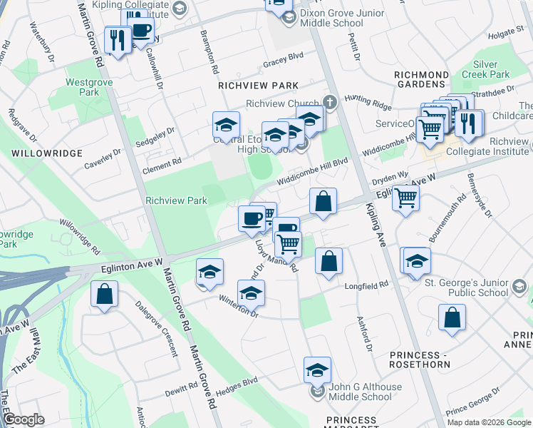 map of restaurants, bars, coffee shops, grocery stores, and more near in Toronto