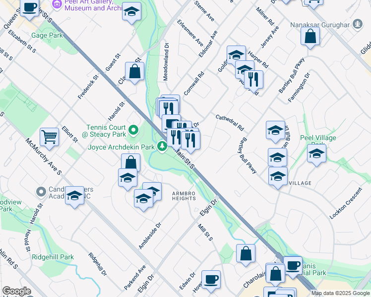 map of restaurants, bars, coffee shops, grocery stores, and more near 186 Main Street South in Brampton