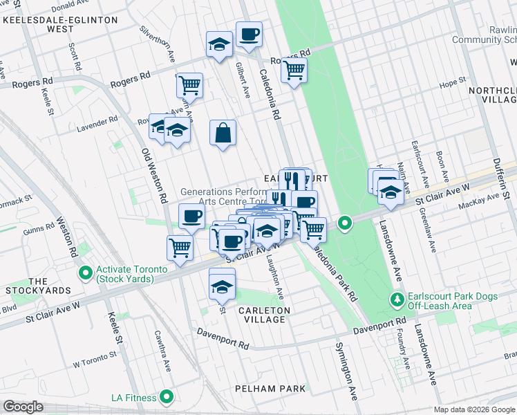 map of restaurants, bars, coffee shops, grocery stores, and more near 64 Prescott Avenue in Toronto