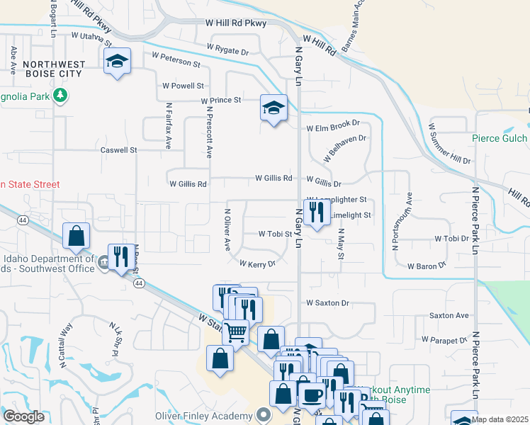 map of restaurants, bars, coffee shops, grocery stores, and more near 7456 West Limelight Court in Boise