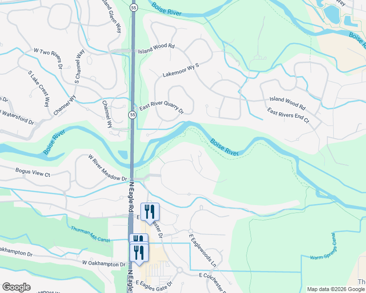 map of restaurants, bars, coffee shops, grocery stores, and more near 348 East Riversedge Drive in Eagle