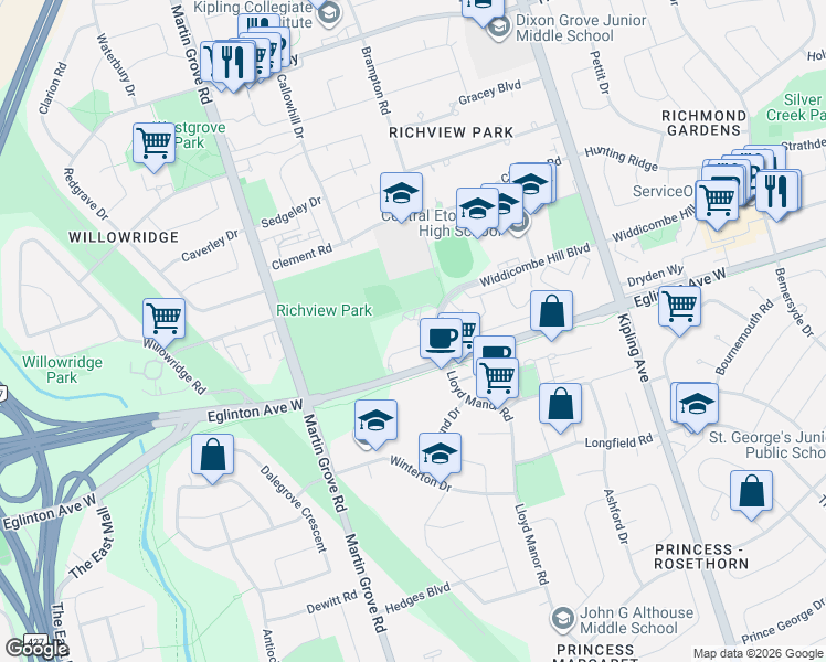 map of restaurants, bars, coffee shops, grocery stores, and more near 120 Widdicombe Hill Boulevard in Toronto
