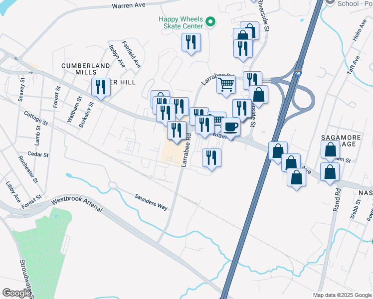 map of restaurants, bars, coffee shops, grocery stores, and more near Larrabee Road in Portland
