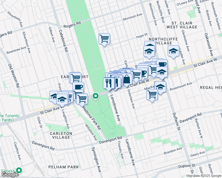 map of restaurants, bars, coffee shops, grocery stores, and more near 1386 Saint Clair Avenue West in Toronto