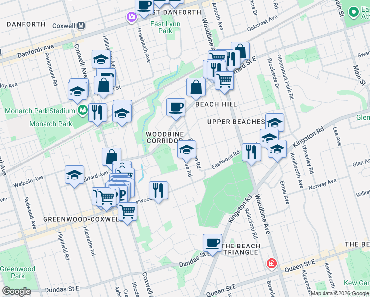 map of restaurants, bars, coffee shops, grocery stores, and more near in Toronto
