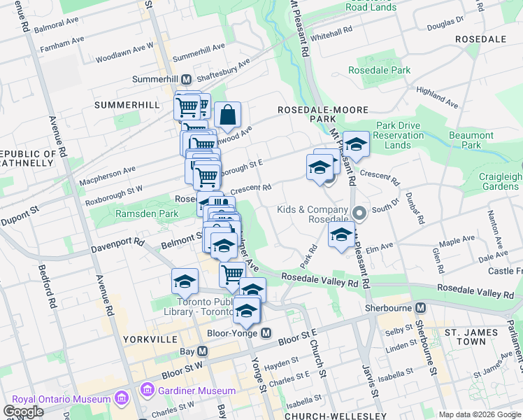 map of restaurants, bars, coffee shops, grocery stores, and more near 20 Cluny Drive in Toronto