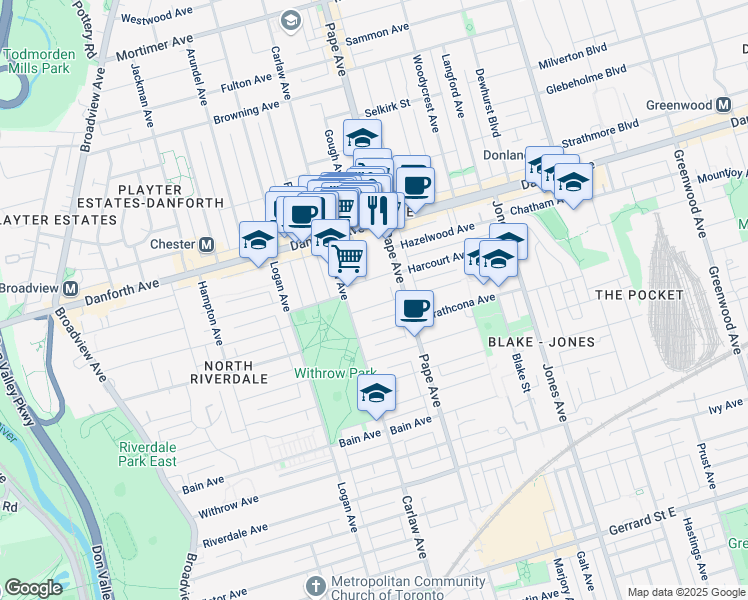 map of restaurants, bars, coffee shops, grocery stores, and more near in Toronto