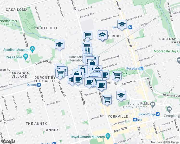 map of restaurants, bars, coffee shops, grocery stores, and more near in Toronto