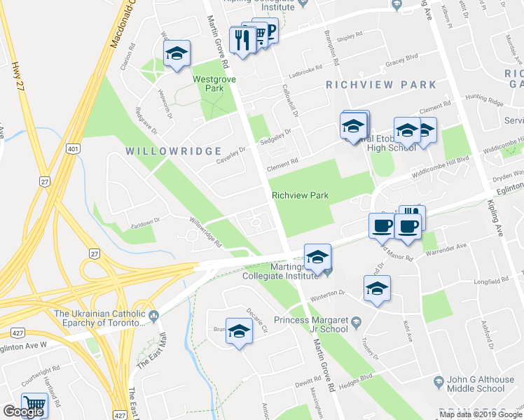 map of restaurants, bars, coffee shops, grocery stores, and more near 555 Martin Grove Road in Toronto