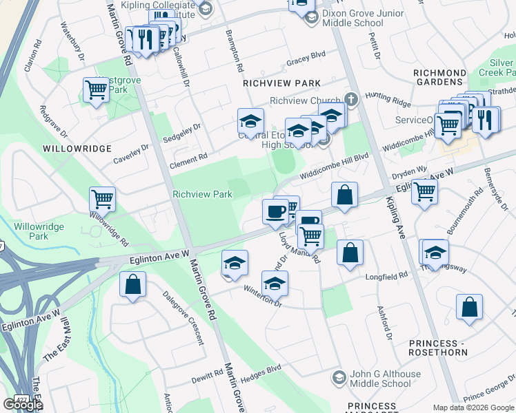 map of restaurants, bars, coffee shops, grocery stores, and more near 120 Widdicombe Hill Boulevard in Toronto