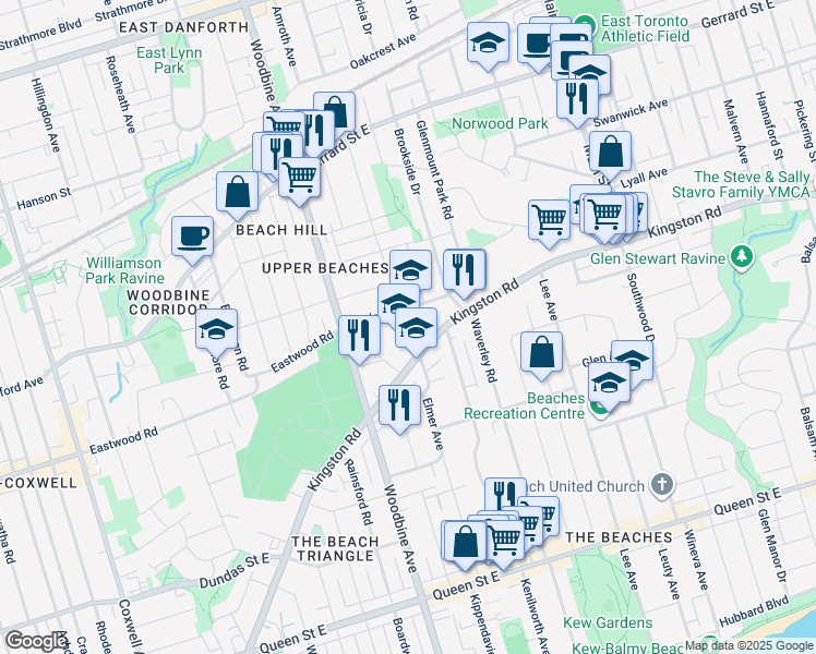 map of restaurants, bars, coffee shops, grocery stores, and more near 390 Kingston Road in Toronto