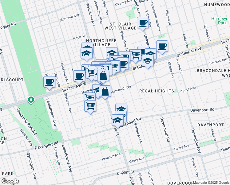 map of restaurants, bars, coffee shops, grocery stores, and more near 83 Westmount Avenue in Toronto