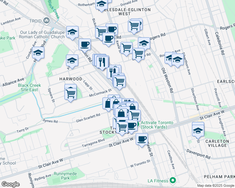 map of restaurants, bars, coffee shops, grocery stores, and more near 182 Weston Road in Toronto