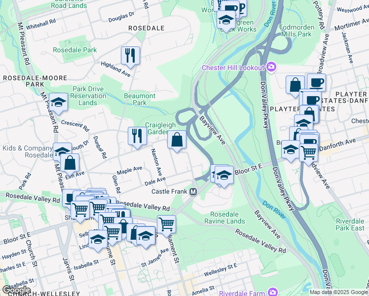 map of restaurants, bars, coffee shops, grocery stores, and more near 36 Castle Frank Road in Toronto