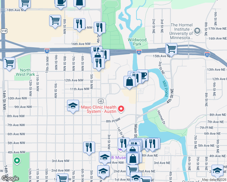 map of restaurants, bars, coffee shops, grocery stores, and more near 301 12th Place Northwest in Austin