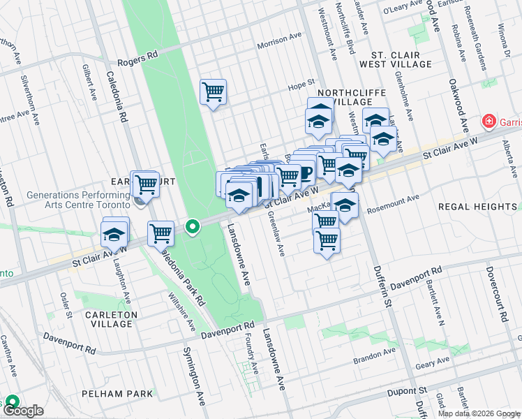 map of restaurants, bars, coffee shops, grocery stores, and more near 1305 Saint Clair Avenue West in Toronto