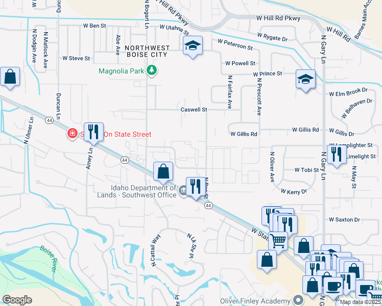 map of restaurants, bars, coffee shops, grocery stores, and more near 8340 West Limelight Street in Boise