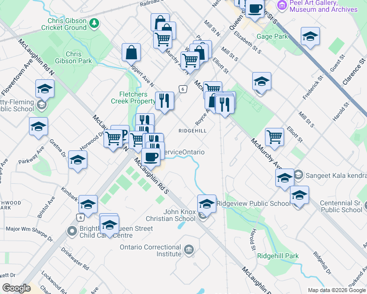 map of restaurants, bars, coffee shops, grocery stores, and more near 59 Royce Avenue in Brampton