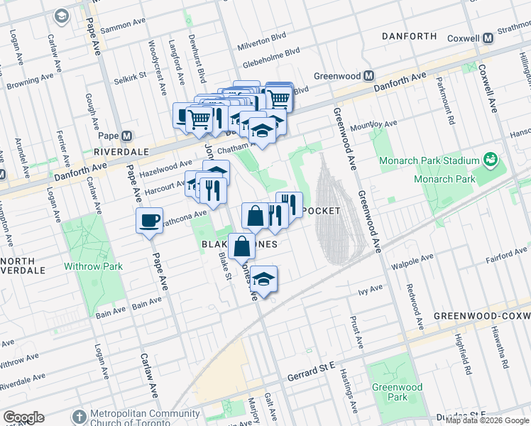 map of restaurants, bars, coffee shops, grocery stores, and more near in Toronto