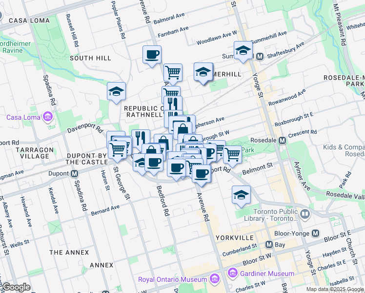 map of restaurants, bars, coffee shops, grocery stores, and more near 210 Avenue Road in Toronto