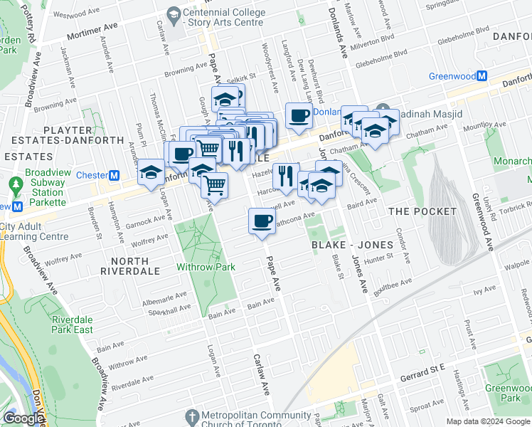map of restaurants, bars, coffee shops, grocery stores, and more near 45 Cavell Avenue in Toronto