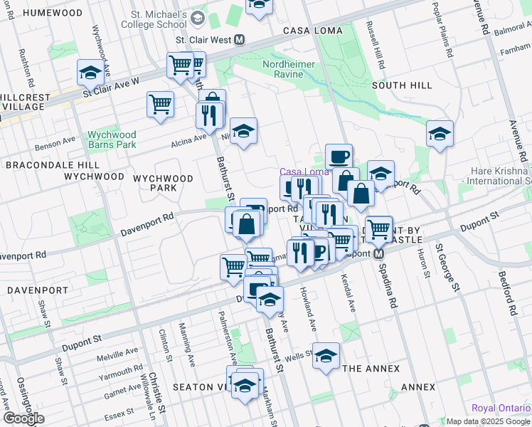 map of restaurants, bars, coffee shops, grocery stores, and more near 645 Davenport Road in Toronto