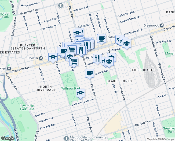 map of restaurants, bars, coffee shops, grocery stores, and more near Pape Ave & Cavell Ave in Toronto
