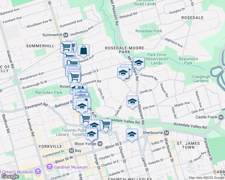 map of restaurants, bars, coffee shops, grocery stores, and more near 35 Rosedale Road in Toronto